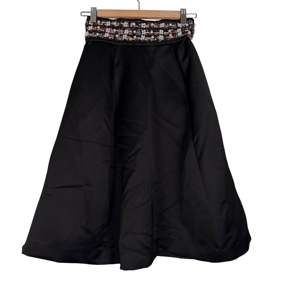 LIN CHAO ZHANG Black Midi Skirt Embellished beaded tweed Waist Zipper Closure‎